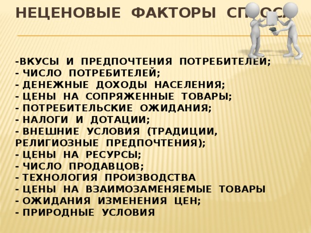 Неценовые факторы спроса    -вкусы и предпочтения потребителей;  - число потребителей;  - денежные доходы населения;  - цены на сопряженные товары;  - потребительские ожидания;  - налоги и дотации;  - внешние условия (традиции, религиозные предпочтения);  - цены на ресурсы;  - число продавцов;  - технология производства  - цены на взаимозаменяемые товары  - ожидания изменения цен;  - природные условия 