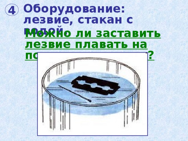 Оборудование:  лезвие, стакан с водой. 4 Можно ли заставить лезвие плавать на поверхности воды? 
