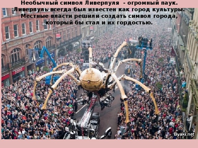 Необычный символ Ливерпуля - огромный паук. Ливерпуль всегда был известен как город культуры. Местные власти решили создать символ города, который бы стал и их гордостью. 