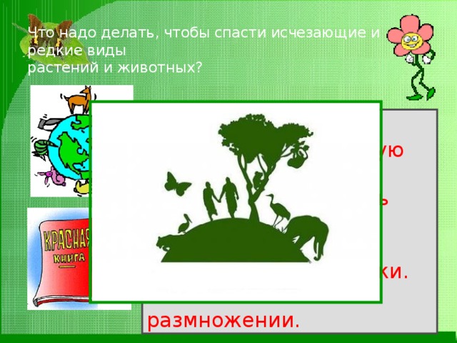 Что надо делать, чтобы спасти исчезающие и редкие виды  растений и животных? Запретить охоту. Запретить чрезмерную  добычу животных. Запретить разрушать  места обитания животных. Охранять заповедники. Заботиться о размножении. 