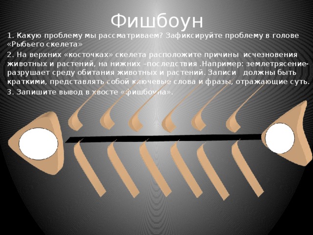 Фишбоун 1.  Какую проблему мы рассматриваем? Зафиксируйте проблему в голове «Рыбьего скелета» 2.  На верхних «косточках» скелета расположите причины исчезновения животных и растений, на нижних –последствия .Например: землетрясение- разрушает среду обитания животных и растений. Записи должны быть краткими, представлять собой ключевые слова и фразы, отражающие суть. 3.  Запишите вывод в хвосте «фишбоуна». 