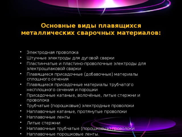 Основные виды плавящихся металлических сварочных материалов:   Электродная проволока Штучные электроды для дуговой сварки Пластинчатые и пластино-проволочные электроды для электрошлаковой сварки Плавящиеся присадочные (добавочные) материалы сплошного сечения Плавящиеся присадочные материалы трубчатого несплошного сечения и порошки Присадочные катаные, волочёные, литые стержни и проволока Трубчатые (порошковые) электродные проволоки Наплавочные катаные, протянутые проволоки Наплавочные ленты Литые стержни Наплавочные трубчатые (порошковые) проволоки Наплавочные порошковые ленты. 