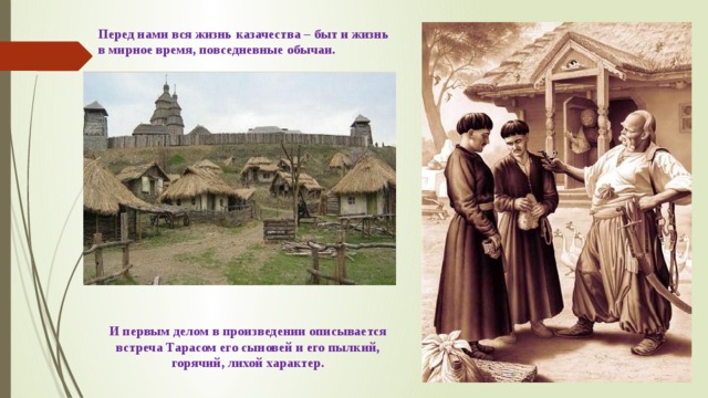 Перед нами вся жизнь казачества – быт и жизнь в мирное время, повседневные обычаи. И первым делом в произведении описывается встреча Тарасом его сыновей и его пылкий, горячий, лихой характер. 