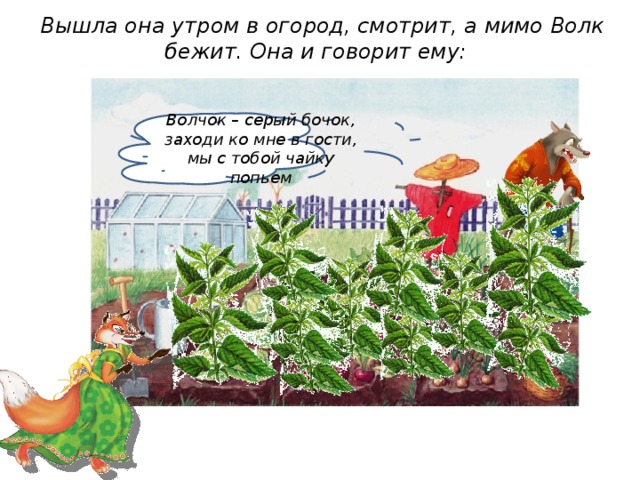 Вышла она утром в огород, смотрит, а мимо Волк бежит. Она и говорит ему:   Волчок – серый бочок, заходи ко мне в гости, мы с тобой чайку попьем 