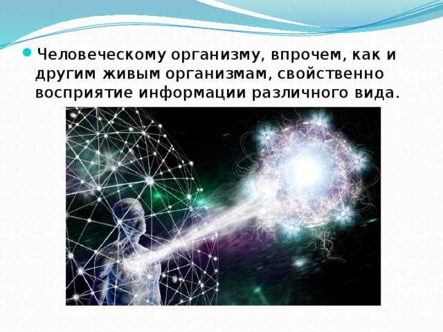 Человеческому организму, впрочем, как и другим живым организмам, свойственно восприятие информации различного вида. 