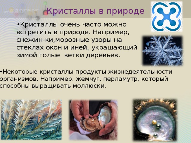 Кристаллы в природе Кристаллы очень часто можно встретить в природе. Например, снежин-ки,морозные узоры на стеклах окон и иней, украшающий зимой голые ветки деревьев.  Некоторые кристаллы продукты жизнедеятельности организмов. Например, жемчуг, перламутр, который способны выращивать моллюски.  