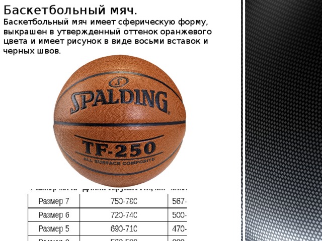 Баскетбольный мяч. Баскетбольный мяч имеет сферическую форму, выкрашен в утвержденный оттенок оранжевого цвета и имеет рисунок в виде восьми вставок и черных швов.  