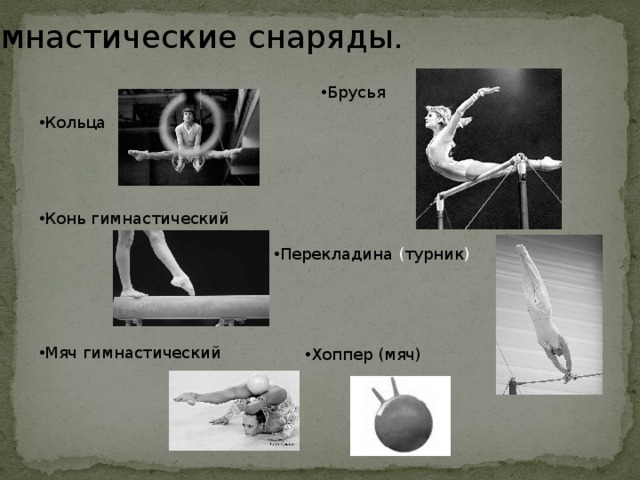 Гимнастические снаряды. Брусья Кольца Конь  гимнастический Мяч гимнастический Перекладина ( турник ) Хоппер (мяч) 