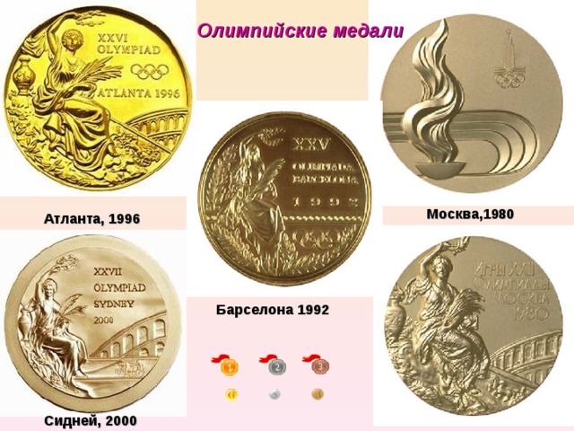 Олимпийские медали Москва,1980 Атланта, 1996 Барселона 1992 Сидней, 2000 