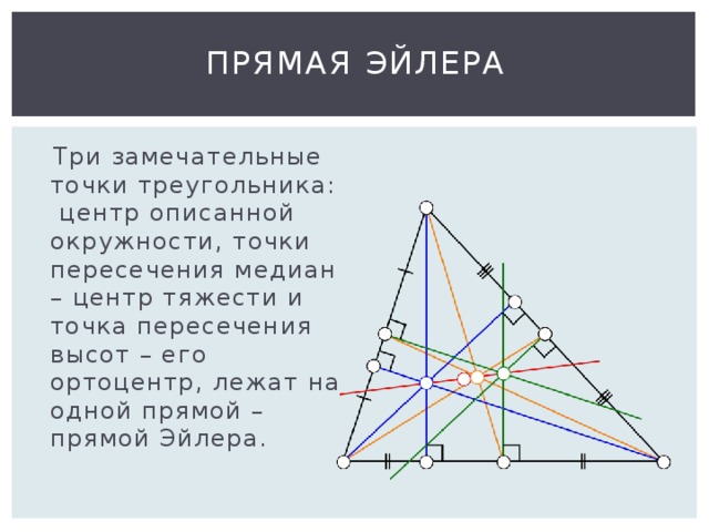 Прямая эйлера  Три замечательные точки треугольника: центр описанной окружности, точки пересечения медиан – центр тяжести и точка пересечения высот – его ортоцентр, лежат на одной прямой – прямой Эйлера. 