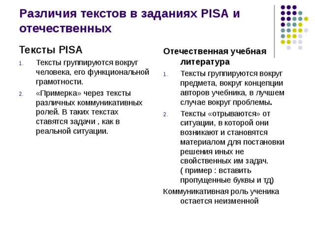 Различия текстов в заданиях PISA и отечественных Тексты PISA Тексты группируются вокруг человека, его функциональной грамотности. «Примерка» через тексты различных коммуникативных ролей. В таких текстах ставятся задачи , как в реальной ситуации. Отечественная учебная литература Тексты группируются вокруг предмета, вокруг концепции авторов учебника, в лучшем случае вокруг проблемы . Тексты «отрываются» от ситуации, в которой они возникают и становятся материалом для постановки решения иных не свойственных им задач.( пример : вставить пропущенные буквы и тд) Коммуникативная роль ученика остается неизменной 