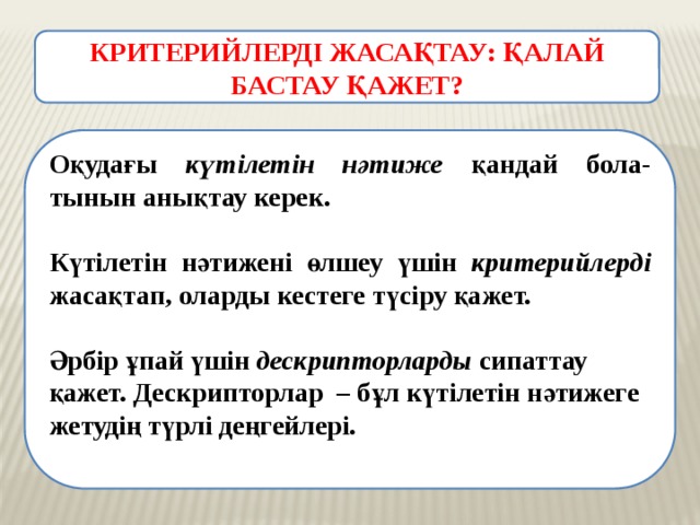 КРИТЕРИЙЛЕРДІ ЖАСАҚТАУ: ҚАЛАЙ БАСТАУ ҚАЖЕТ? Оқудағы күтілетін нәтиже қандай бола-тынын анықтау керек.  Күтілетін нәтижені өлшеу үшін критерийлерді жасақтап, оларды кестеге түсіру қажет.  Әрбір ұпай үшін дескрипторларды сипаттау қажет. Дескрипторлар – бұл күтілетін нәтижеге жетудің түрлі деңгейлері.  