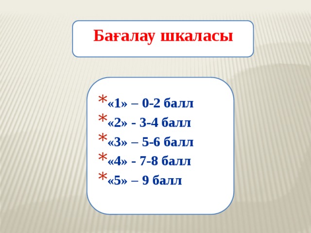 Бағалау шкаласы «1» – 0-2 балл «2» - 3-4 балл «3» – 5-6 балл «4» - 7-8 балл «5» – 9 балл 