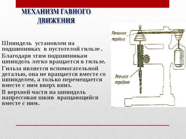 Шпиндель установлен на подшипниках в пустотелой гильзе . Благодаря этим подшипникам шпиндель легко вращается в гильзе. Гильза является вспомогательной деталью, она не вращается вместе со шпинделем, а только перемещается вместе с ним вверх вниз. В верхней части на шпиндель напрессован шкив вращающийся вместе с ним. 