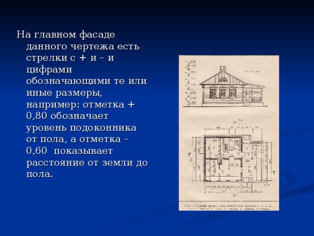 На главном фасаде данного чертежа есть стрелки с + и – и цифрами обозначающими те или иные размеры, например: отметка + 0,80 обозначает уровень подоконника от пола, а отметка – 0,60 показывает расстояние от земли до пола. 