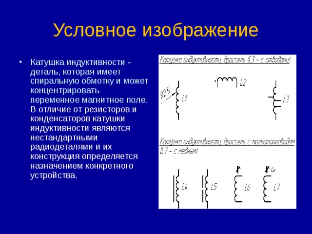 Условное изображение Катушка индуктивности - деталь, которая имеет спиральную обмотку и может концентрировать переменное магнитное поле. В отличие от резисторов и конденсаторов катушки индуктивности являются нестандартными радиодеталями и их конструкция определяется назначением конкретного устройства. 