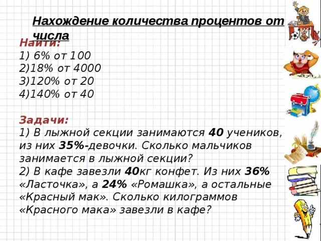 Нахождение количества процентов от числа Найти:  1) 6% от 100  2)18% от 4000  3)120% от 20  4)140% от 40   Задачи:  1) В лыжной секции занимаются 40 учеников, из них 35% -девочки. Сколько мальчиков занимается в лыжной секции?  2) В кафе завезли 40 кг конфет. Из них 36% «Ласточка», а 24% «Ромашка», а остальные «Красный мак». Сколько килограммов  «Красного мака» завезли в кафе? 