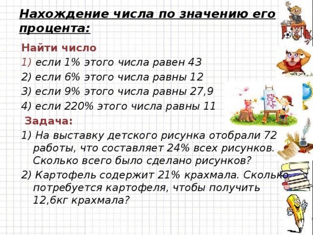 Нахождение числа по значению его процента: Найти число 1) если 1% этого числа равен 43 2) если 6% этого числа равны 12 3) если 9% этого числа равны 27,9 4) если 220% этого числа равны 11  Задача: 1) На выставку детского рисунка отобрали 72 работы, что составляет 24% всех рисунков. Сколько всего было сделано рисунков? 2) Картофель содержит 21% крахмала. Сколько потребуется картофеля, чтобы получить 12,6кг крахмала?  