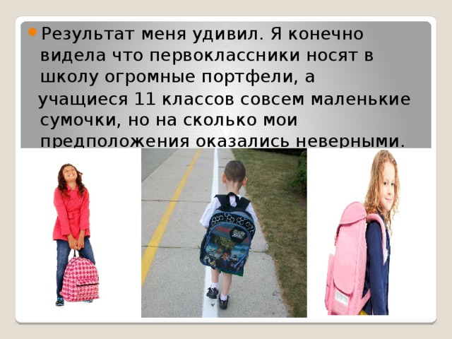 Результат меня удивил. Я конечно видела что первоклассники носят в школу огромные портфели, а  учащиеся 11 классов совсем маленькие сумочки, но на сколько мои предположения оказались неверными. 
