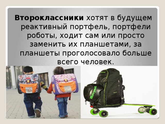 Второклассники хотят в будущем реактивный портфель, портфели роботы, ходит сам или просто заменить их планшетами, за планшеты проголосовало больше всего человек. 
