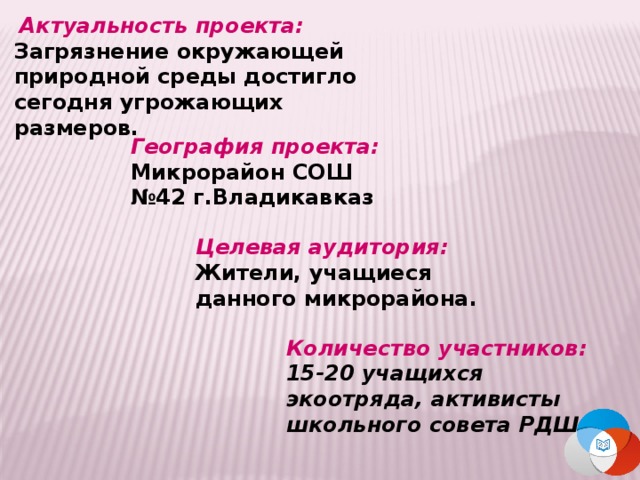  Актуальность проекта: Загрязнение окружающей природной среды достигло сегодня угрожающих размеров. География проекта: Микрорайон СОШ №42 г.Владикавказ Целевая аудитория: Жители, учащиеся данного микрорайона. Количество участников: 15-20 учащихся экоотряда, активисты школьного совета РДШ 