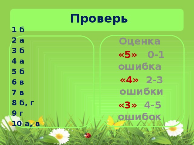  Проверь 1 б 2 а 3 б 4 а 5 б 6 в 7 в 8 б, г 9 г 10 а, в Оценка «5» 0-1 ошибка «4» 2-3 ошибки «3» 4-5 ошибок 