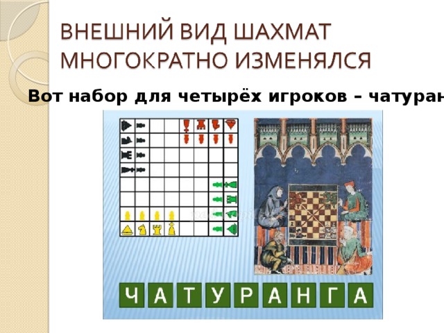 Вот набор для четырёх игроков – чатуранга. 