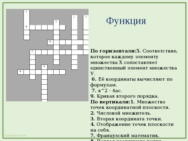 Функция По горизонтали:5.  Соответствие, которое каждому элементу множества Х сопоставляет единственный элемент множества У.     6.  Её координаты вычисляют по формулам.     7.  в^2 - 4ас.    9.  Кривая второго порядка.   По вертикали:1.  Множество точек координатной плоскости.    2.  Числовой множитель.  3.  Вторая координата точки.   4.  Отображение точек плоскости на себя.    7.  Французский математик.    8.  Первая координата точки.   