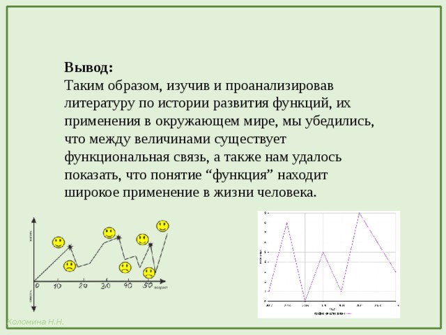 Вывод: Таким образом, изучив и проанализировав литературу по истории развития функций, их применения в окружающем мире, мы убедились, что между величинами существует функциональная связь, а также нам удалось показать, что понятие “функция” находит широкое применение в жизни человека. 
