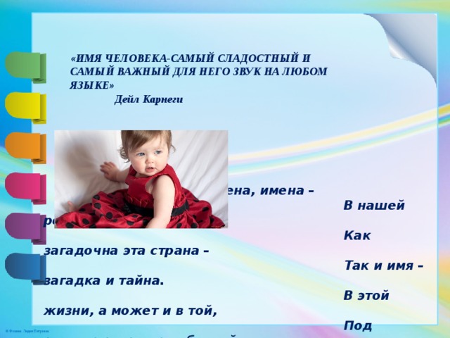 «ИМЯ ЧЕЛОВЕКА-САМЫЙ СЛАДОСТНЫЙ И САМЫЙ ВАЖНЫЙ ДЛЯ НЕГО ЗВУК НА ЛЮБОМ ЯЗЫКЕ»   Дейл Карнеги          Имена, имена, имена –                                                                       В нашей речи звучат неслучайно:                                                                       Как загадочна эта страна –                                                                       Так и имя – загадка и тайна.                                                                       В этой жизни, а может и в той,                                                                       Под земною звездою небесной                                                                       Охраняет любого святой,                                                                       Не для каждого, впрочем,        известный.        А. Бобров  