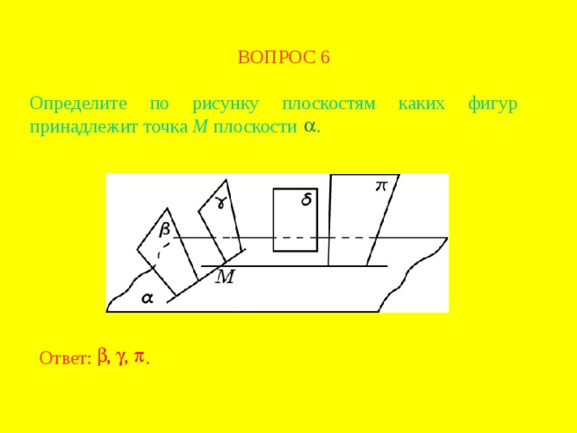 ВОПРОС  6 Определите по рисунку плоскостям каких фигур принадлежит точка M плоскости . В режиме слайдов ответ появляется после кликанья мышкой Ответ: .  