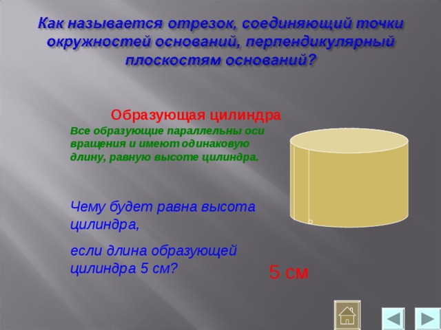 Образующая цилиндра Все образующие параллельны оси вращения и имеют одинаковую длину, равную высоте цилиндра. Чему будет равна высота цилиндра, если длина образующей цилиндра 5 см? 5 см 