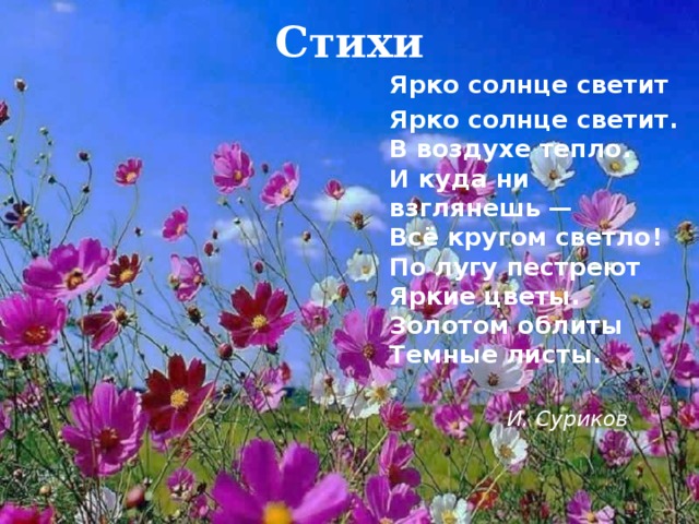 Стихи Ярко солнце светит Ярко солнце светит.  В воздухе тепло.  И куда ни взглянешь —  Всё кругом светло!  По лугу пестреют  Яркие цветы.  Золотом облиты  Темные листы.    И. Суриков 