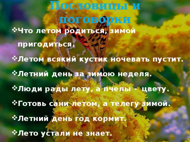 Пословицы и поговорки Что летом родиться, зимой пригодиться. Летом всякий кустик ночевать пустит. Летний день за зимою неделя. Люди рады лету, а пчелы - цвету. Готовь сани летом, а телегу зимой. Летний день год кормит. Лето устали не знает.  