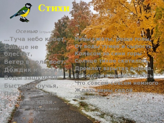  Стихи Осенью  (отрывок) … Туча небо кроет, Солнце не блестит, Ветер в поле воет, Дождик моросит. Воды зашумели Быстрого ручья, Птички улетели В тёплые края.  А. Плещееев Нивы сжаты, рощи голы, От воды туман и сырость. Колесом за сини горы Солнце тихое скатилось. Дремлет взрытая дорога. Ей сегодня примечталось, Что совсем-совсем немного Ждать зимы седой осталось…  С.Есенин 
