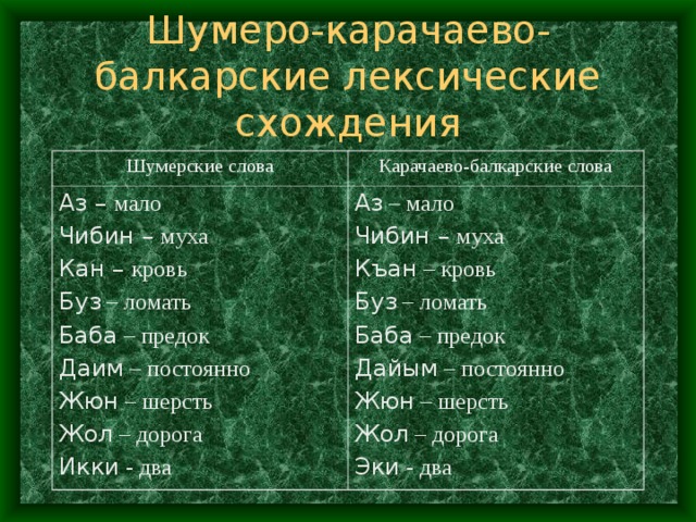 Шумеро-карачаево-балкарские лексические схождения Шумерские слова Карачаево-балкарские слова Аз – мало Чибин – муха Кан – кровь Буз – ломать Баба – предок Даим – постоянно Жюн – шерсть Жол – дорога Икки - два Аз – мало Чибин – муха Къан – кровь Буз – ломать Баба – предок Дайым – постоянно Жюн – шерсть Жол – дорога Эки - два 