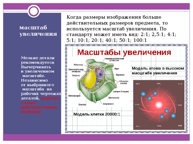 Когда размеры изображения больше действительных размеров предмета, то используется масштаб увеличения. По стандарту может иметь вид: 2:1; 2,5:1; 4:1; 5:1; 10:1; 20:1; 40:1; 50:1; 100:1 масштаб увеличения Мелкие детали рекомендуется Вычерчивать в увеличенном  масштабе. Независимо от выбранного  масштаба на рабочих чертежах деталей, наносят только действительные размеры.  