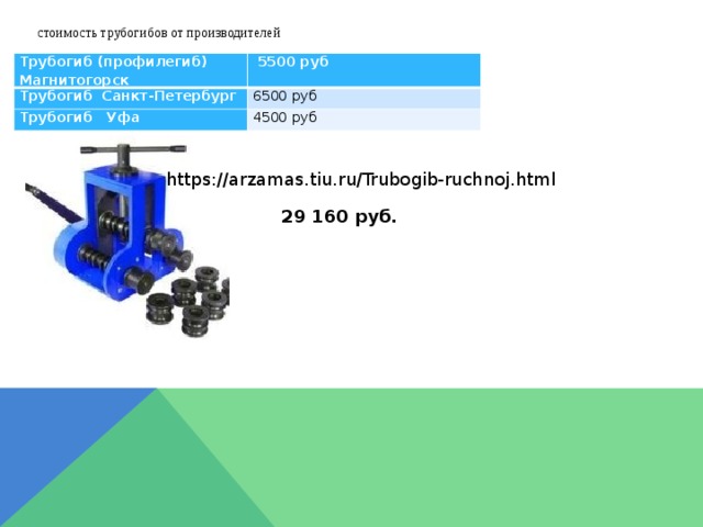 стоимость трубогибов от производителей Трубогиб (профилегиб) Магнитогорск  5500 руб Трубогиб Санкт-Петербург 6500 руб Трубогиб Уфа 4500 руб https://arzamas.tiu.ru/Trubogib-ruchnoj.html 29 160 руб. 