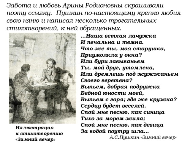Забота и любовь Арины Родионовны скрашивали поэту ссылку. Пушкин по-настоящему крепко любил свою няню и написал несколько трогательных стихотворений, к ней обращенных. … Наша ветхая лачужка И печальна и темна. Что же ты, моя старушка, Приумолкла у окна? Или бури завываньем Ты, мой друг, утомлена, Или дремлешь под жужжаньем Своего веретена? Выпьем, добрая подружка Бедной юности моей, Выпьем с горя; где же кружка? Сердцу будет веселей. Спой мне песню, как синица Тихо за морем жила; Спой мне песню, как девица За водой поутру шла…  А.С.Пушкин «Зимний вечер» Иллюстрация к стихотворению «Зимний вечер» 