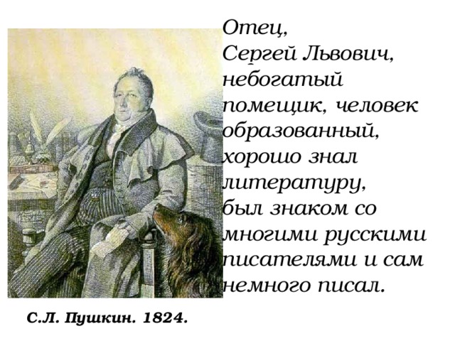Отец, Сергей Львович , небогатый помещик, человек образованный, хорошо знал литературу, был знаком со многими русскими писателями и сам немного писал. С.Л. Пушкин. 1824. 