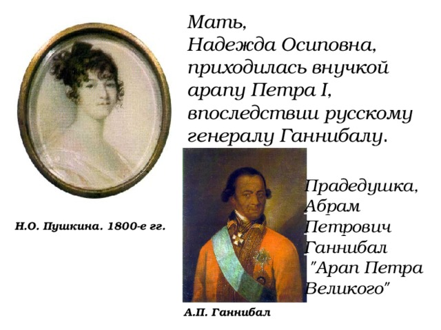 Мать, Надежда Осиповна , приходилась внучкой арапу Петра I, впоследствии русскому генералу Ганнибалу . Прадедушка, Абрам Петрович Ганнибал  