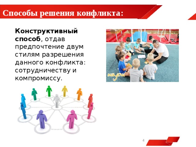  Способы решения конфликта:  Конструктивный способ , отдав предпочтение двум стилям разрешения данного конфликта: сотрудничеству и компромиссу.   
