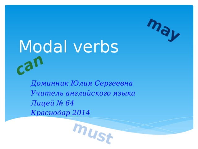 can may must Modal verbs Доминник Юлия Сергеевна Учитель английского языка Лицей № 64 Краснодар 2014  