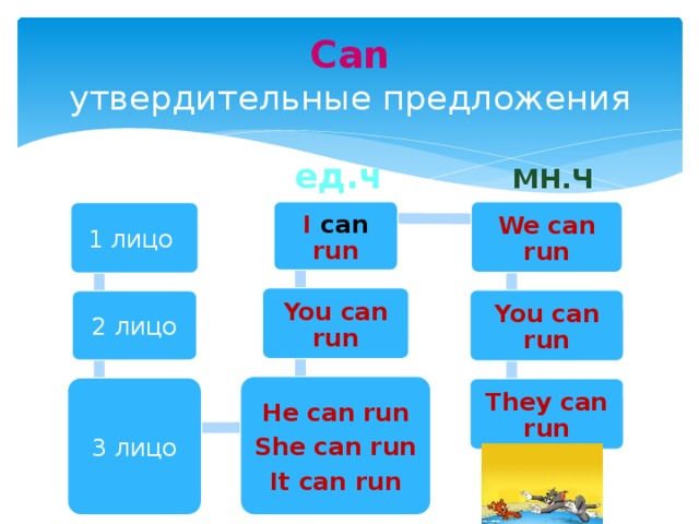 Can  утвердительные предложения ед.ч Мн.ч I can run We can run 1 лицо You can run You can run 2 лицо He can run She can run It can run 3 лицо They can run 