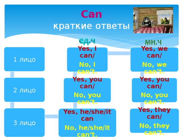 Can  краткие ответы 1 лицо Yes, we can/ Yes, I can/ No, I can’t. No, we can’t. 2 лицо Yes, you can/ Yes, you can/ No, you can’t. No, you can’t. 3 лицо Yes, they can/ Yes, he/she/it can No, he/she/it can’t. No, they can’t. 