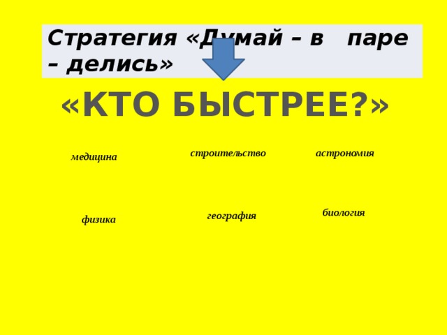 Стратегия «Думай – в паре – делись» «КТО БЫСТРЕЕ?» астрономия строительство медицина биология география физика 
