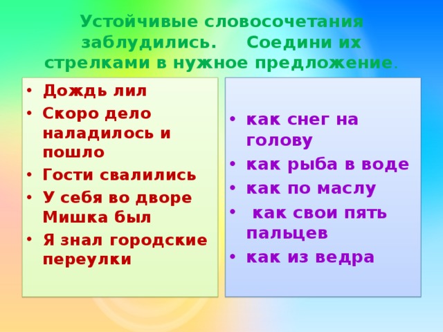 Устойчивые словосочетания заблудились. Соедини их стрелками в нужное предложение . Дождь лил Скоро дело наладилось и пошло Гости свалились  У себя во дворе Мишка был  Я знал городские переулки как снег на голову как рыба в воде как по маслу  как свои пять пальцев как из ведра 