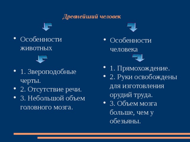 Древнейший человек Особенности животных Особенности человека 1. Прямохождение. 2. Руки освобождены для изготовления орудий труда. 3. Объем мозга больше, чем у обезьяны. 1. Звероподобные черты. 2. Отсутствие речи. 3. Небольшой объем головного мозга. 