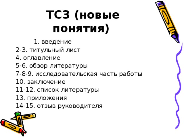 ТСЗ (новые понятия)  1. введение 1. введение 1. введение 2-3. титульный лист 4. оглавление 5-6. обзор литературы 7-8-9. исследовательская часть работы 10. заключение 11-12. список литературы 13. приложения 14-15. отзыв руководителя 
