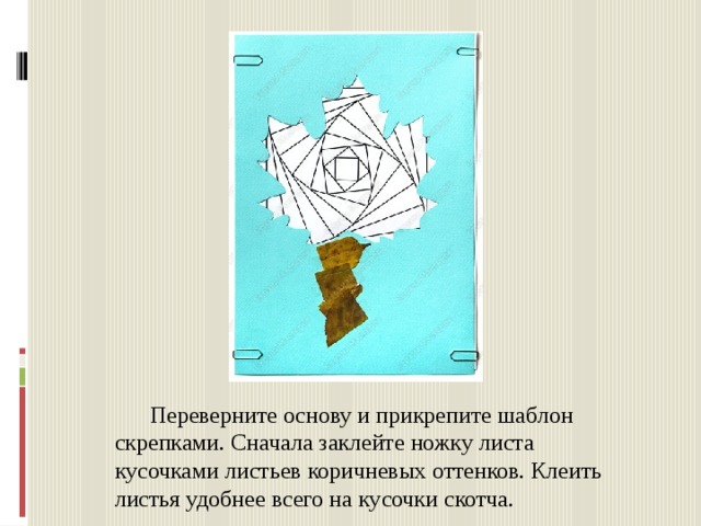  Переверните основу и прикрепите шаблон скрепками. Сначала заклейте ножку листа кусочками листьев коричневых оттенков. Клеить листья удобнее всего на кусочки скотча. 